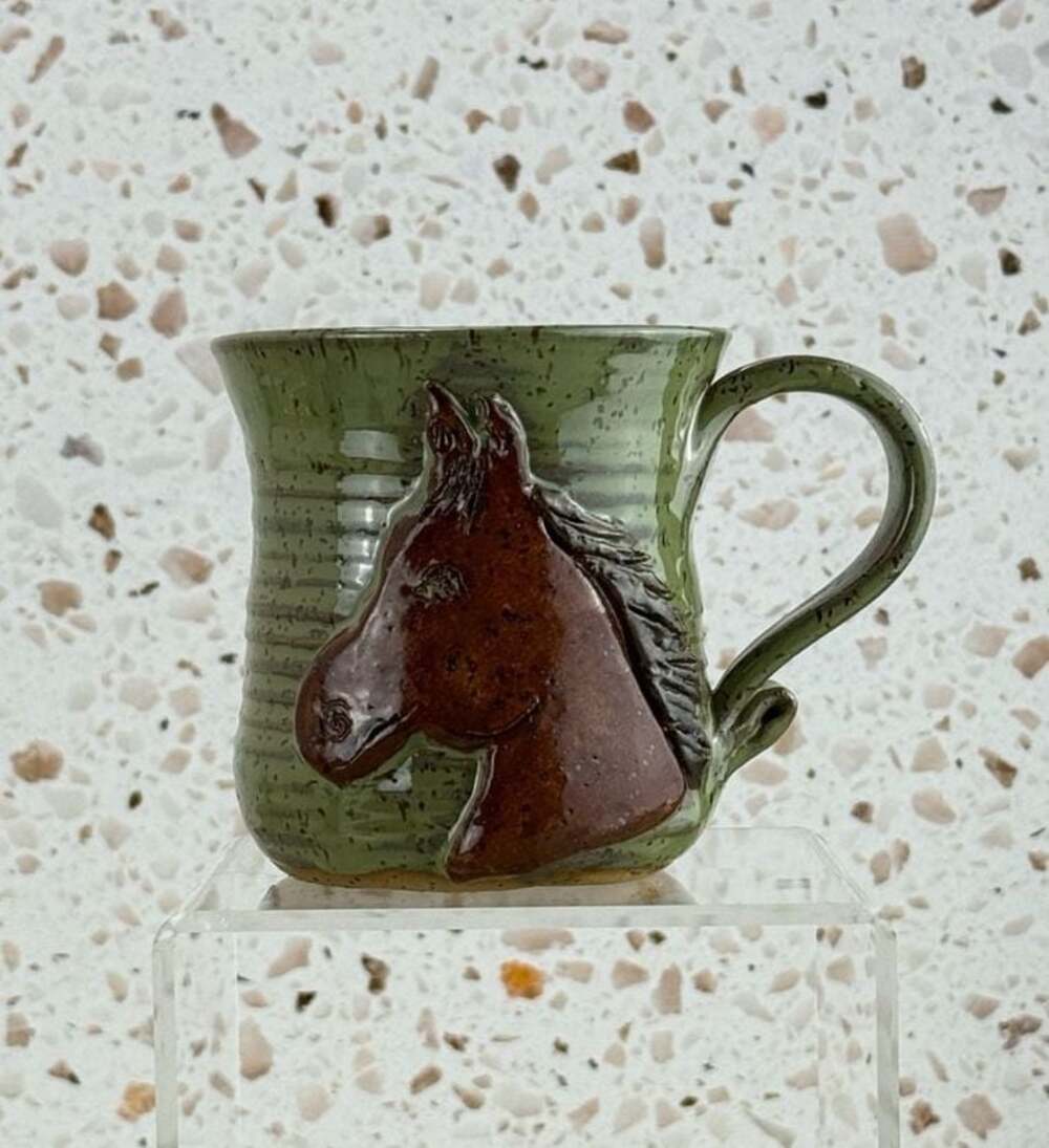 Linda Kirkwood Smith Handmade Pottery Horse Mug green brown 4”